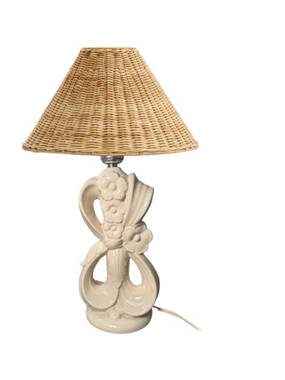 Vintage Ivory Ceramic Table Lamp – Floral / Hollywood Regency Style